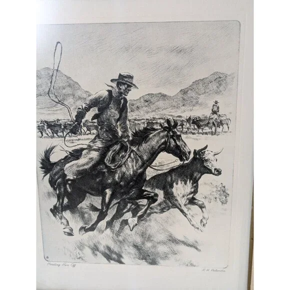 Framed Cowboy Art Print "Heading Them Off" By R.H. Palenske Wood Frame - Picture 7 of 16